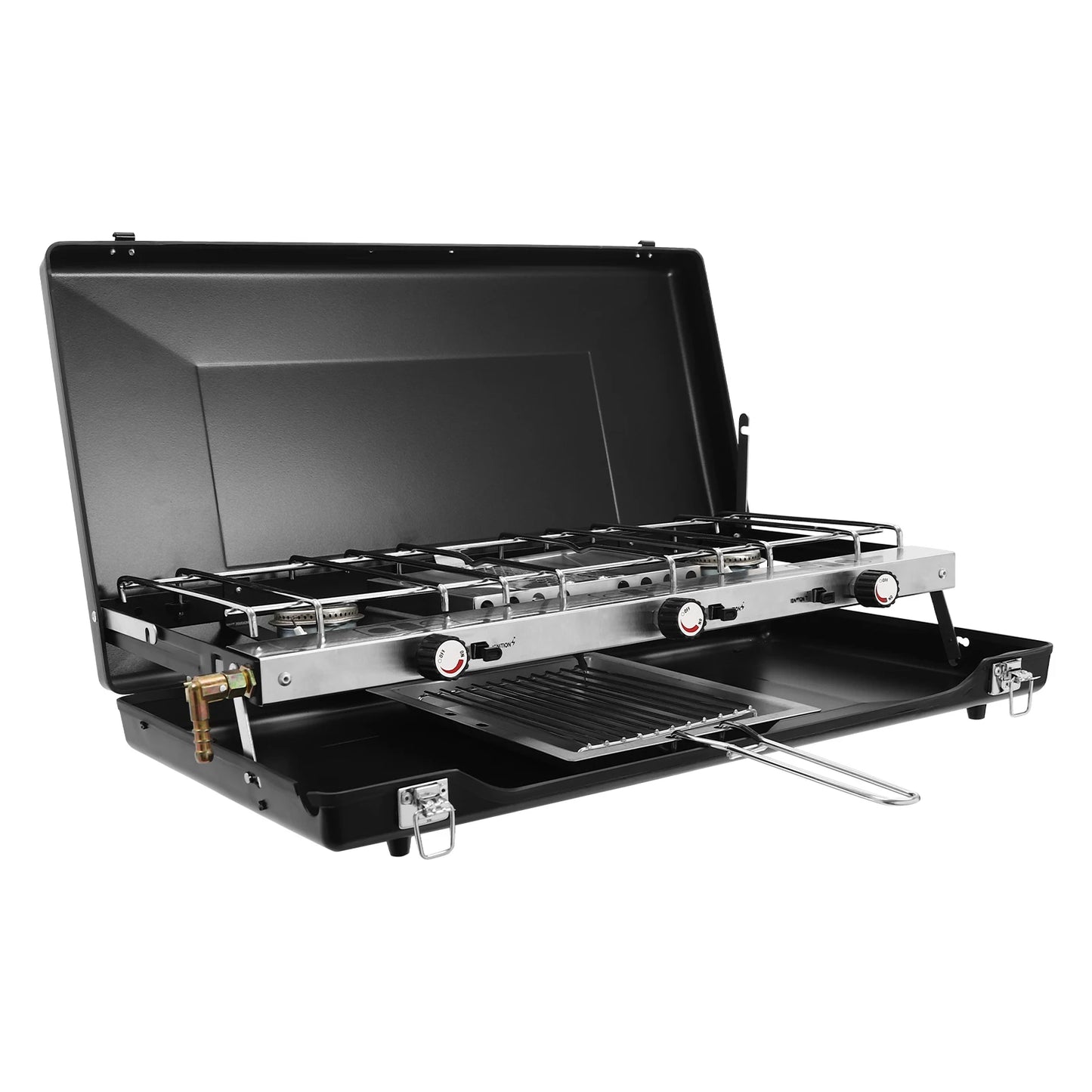 Portable Camping Stove with Griddle 3 Burner Propane Gas Stove Adjustable Windshield