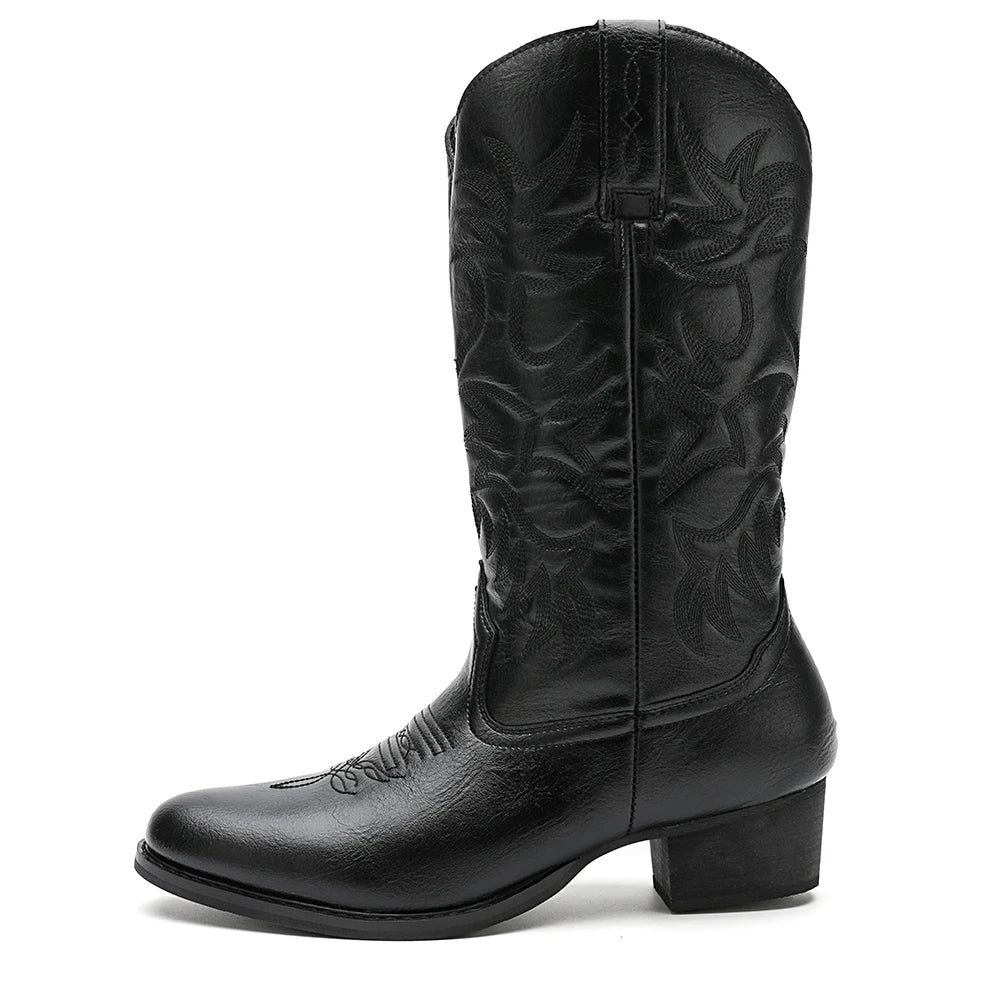 Mioeert Men's Heritage Round Toe Wooden heel sole Embroidered Western Cowboy Boots