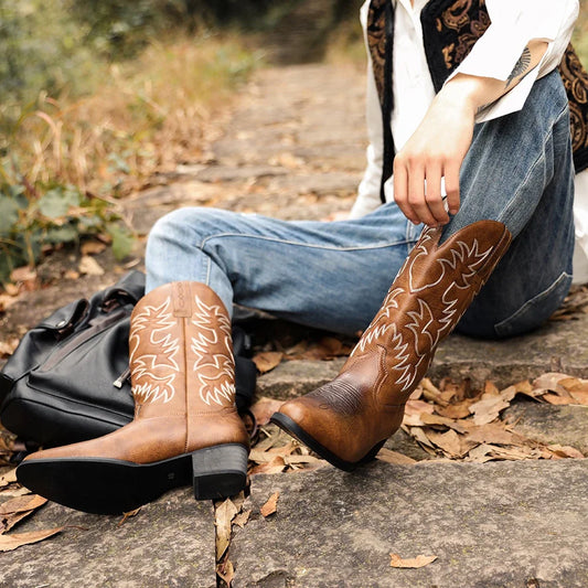 Mioeert Men's Heritage Round Toe Wooden heel sole Embroidered Western Cowboy Boots