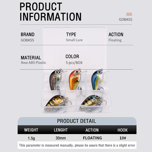 GOBASS 5pcs Mini Fish Bass Fishing Lure Set 3cm 1.5g Mini Artificial Baits