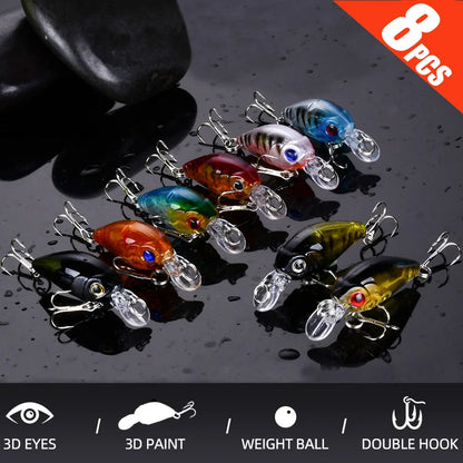 8pcs Crank Bait Minnow Fishing Lure Set Topwater Fishing Bait