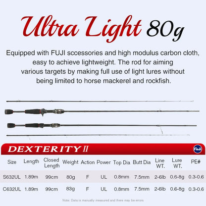 TSURINOYA  Spinning Casting Fishing Rod DEXTERITY Ⅱ 632UL  1.89m FUJI Light Game Ajing Rod Fast Action Pike Bass Ultralight Rod
