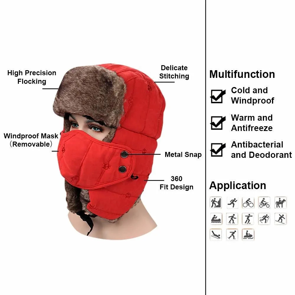 Winter Warm Hat Cold Weather Ushanka Russian Outdoor Ski Hunting Hat with Earflaps Windproof Mask Lei Feng Hat for Men Women