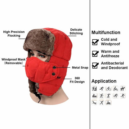 Winter Warm Hat Cold Weather Ushanka Russian Outdoor Ski Hunting Hat with Earflaps Windproof Mask Lei Feng Hat for Men Women