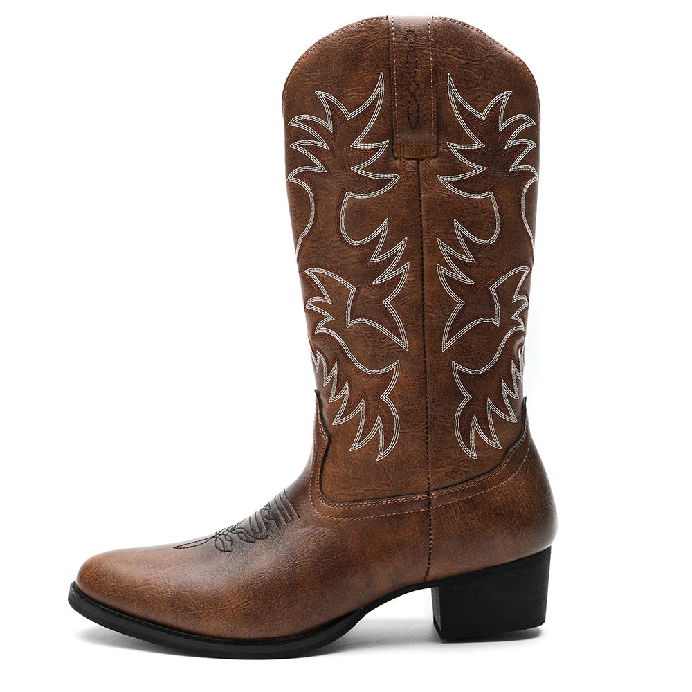 Mioeert Men's Heritage  Round Toe Wooden heel sole Embroidered Western Cowboy Boots