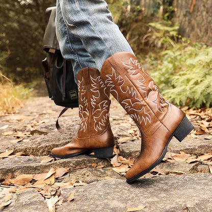 Mioeert Men's Heritage  Round Toe Wooden heel sole Embroidered Western Cowboy Boots