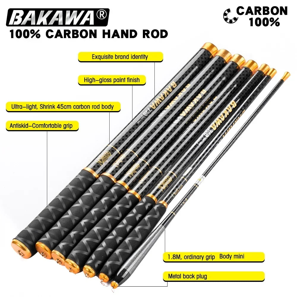 BAKAWA Ultralight Carbon Fishing Rods 1.8M-7.2M Portable Telescopic Travel Mini Stream Feeder Pole Hard Pesca Carp Freshwater