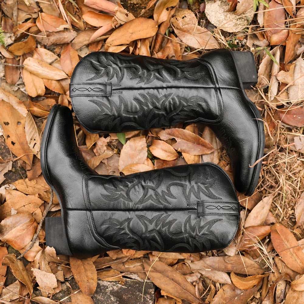 Mioeert Men's Heritage  Round Toe Wooden heel sole Embroidered Western Cowboy Boots