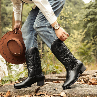 Mioeert Men's Heritage  Round Toe Wooden heel sole Embroidered Western Cowboy Boots