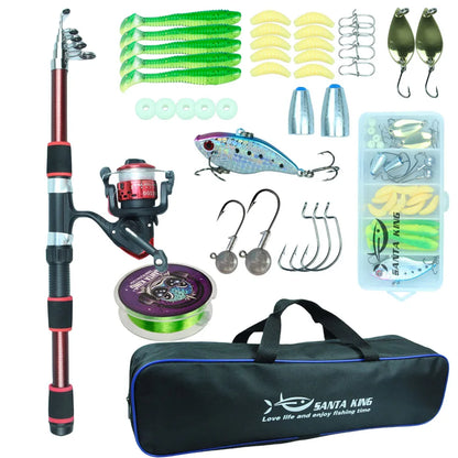 Fishing Rod Reel Combo- Fishing Full Kits With Telescopic Fishing Rod And Spinning Reel Baits Hooks Travel Pole Set