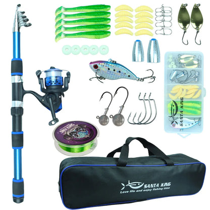 Fishing Rod Reel Combo- Fishing Full Kits With Telescopic Fishing Rod And Spinning Reel Baits Hooks Travel Pole Set