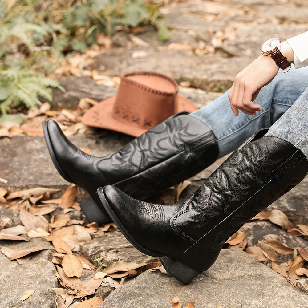 Mioeert Men's Heritage  Round Toe Wooden heel sole Embroidered Western Cowboy Boots