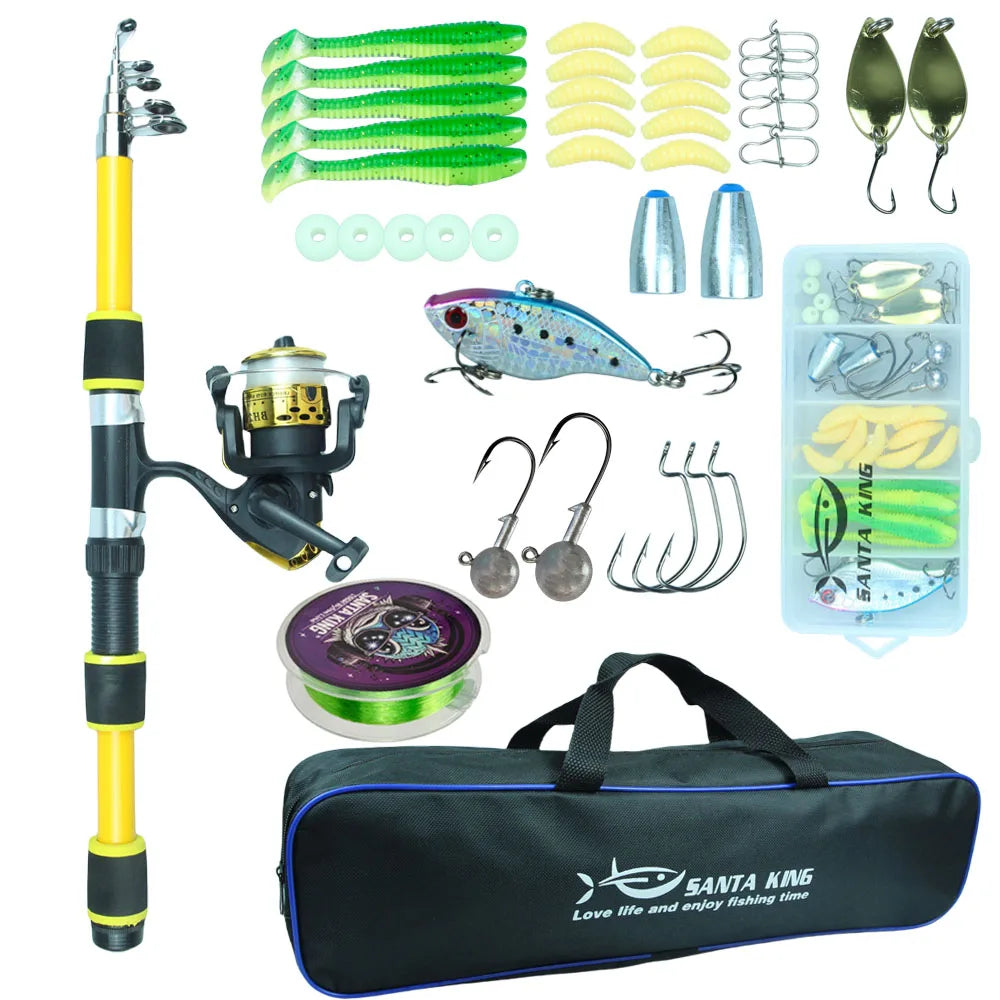 Fishing Rod Reel Combo- Fishing Full Kits With Telescopic Fishing Rod And Spinning Reel Baits Hooks Travel Pole Set